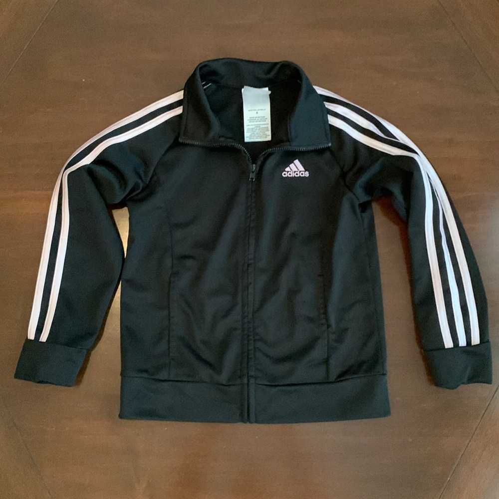 Adidas Pink and Black Track Jacket Zip Up Front 3 Stripe - Girls Size 6